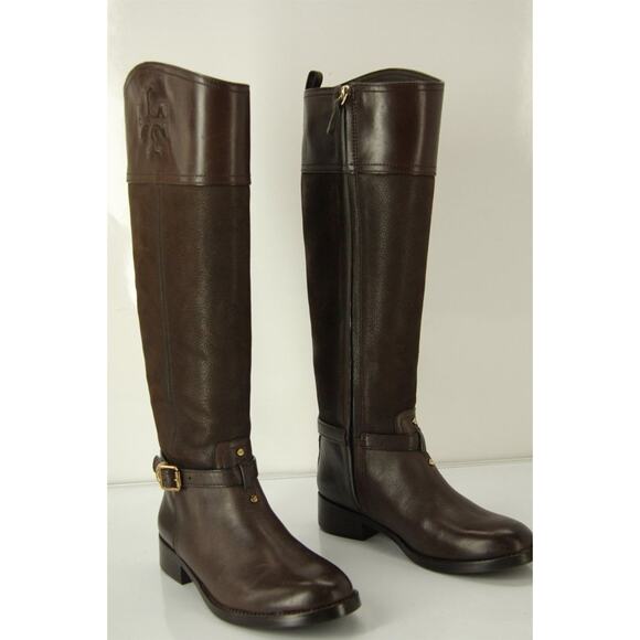 Tory Burch Brown Leather Simone Logo Embossed Riding Boots New Sz 5.5 - Picture 3 of 10